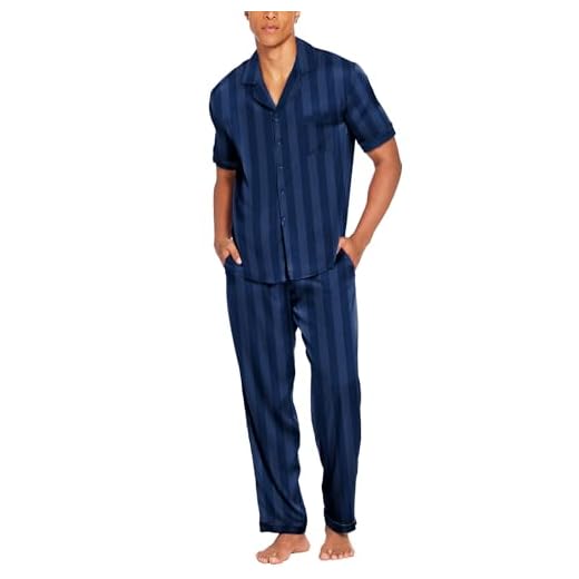 Ekouaer Men 2 Piece Pj Set Silk Striped Matching Pajamas Button-Down Satin Sleepwear