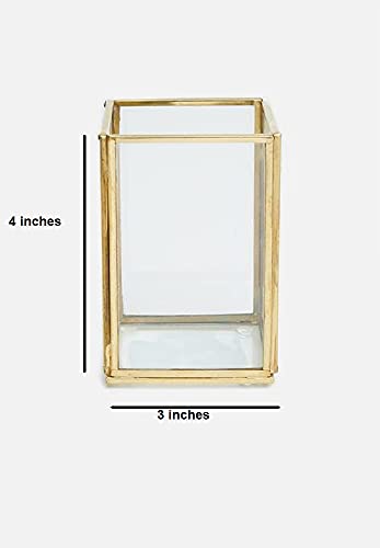 ARTINCO Art India Collections Brass Glass Golden T-Light Holder Votive For Diwali Decoration 3X3X4 Inch, Cosmetic Display Cases