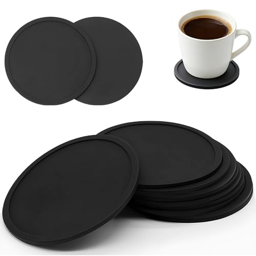 Drink Coasters 12 PCS Silicone Coasters Non-Slip Anti-scratch Mug Coasters Heat Resistant Spill Protect with Anti Spill Raised Edges for Hot Coffee Kitchen Home Cafeteria Tabletop (10 x 0.3cm Black)
