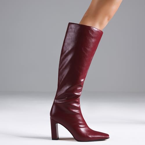 Image of Lovee Cosee Knee High Boots for Women Square Toe Chunky Heeled Boots with Side Zipper Fashion Dress Elastic Tall Boots