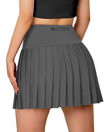 SANGTREE Women's Quick Dry Pleated Tennis Skorts Skirts, High Waisted Cute Running Golf Athletic Mini Skirt with Shorts Pockets, Grey, US M