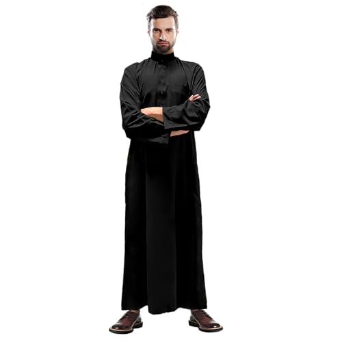 Saudi Men Thobe Long Jubba Islamic Clothing Casual Solid Arabic Collar Robe Wedding Solah Madrasa Eid Ramadan Hajj Umrah (Black, XL)