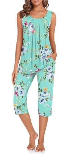 TAOHUADAO Women's Pajamas Set with Pockets, Lounge Capri Pants with Sleeveless Top, Ladies Sleepwear Plus Size Pjs Set