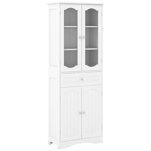 COSTWAY 160cm Tall Bathroom Cabinet, Freestanding Storage Cupboard with Tempered Glass Doors, Adjustable Shelves and Drawer, Wooden High Floor Cabinet Unit for Living Room Kitchen Hallway (White)