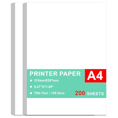 Printer Paper - 200 Sheets, A4 Premium Bright White Paper, 28lb Bond / 70lb Text (105 gsm) Bright White Paper – Great for Copy, Printing, Writing, 8.27