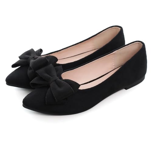 Image of SAILING LU Womens Bowknot Ballet Flats Pointy Toe Suede