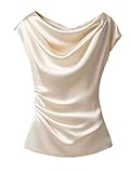 SOLY HUX Women's Satin Blouse Ruched Cowl Neck Elegant Shirt Summer Tops Work Office Outfits Solid Apricot Large
