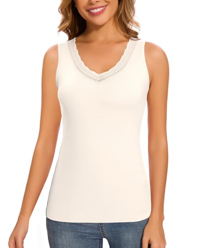 LEYSHE ThermounterwäSche Damen Fleece Tank Top Mesh V-Ausschnitt Unterhemden Dehnbar FunktionsunterwäSche Spitzentop Damen Ärmelloses Oberteil,Weiß,M