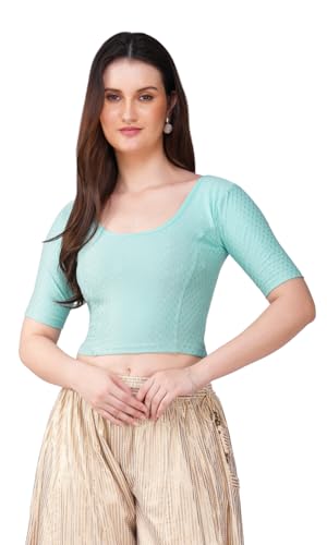 Image of Fressia Fabrics Pure Cotton 4-Way Stretch Readymade Blouse for Women | Free Size to 4XL Stretchable Round Neck Dobby Cotton Half Sleeve Readymade Saree Blouse for Women Stylish