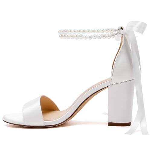 Image of Women's Open Toe Pearl Wedding Shoes for Bride High Heels Sandals Satin Bridal Block Chunky Heels Ankle Strap Prom Evening Party Pumps