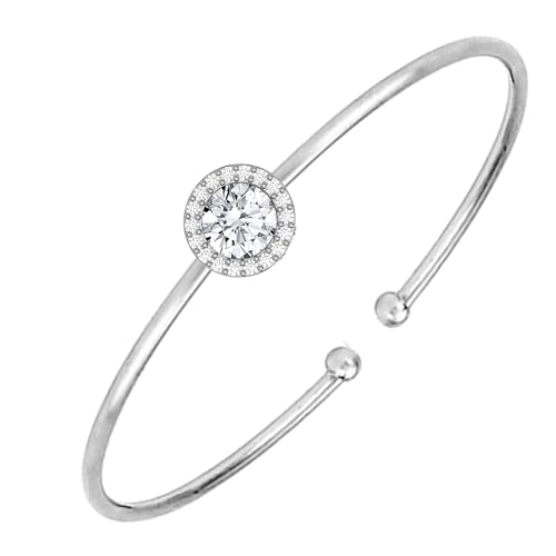 Round Cut White Diamond Floral Halo Style Cuff Bangle Bracelet