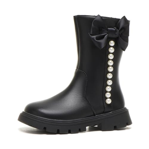 Little Girls Fashion Fall Winter Mid-Calf Leather Boots Waterproof Bowknot Pearls Side Zipper Princess Dress Booties Girls Riding Cowboy Boots
