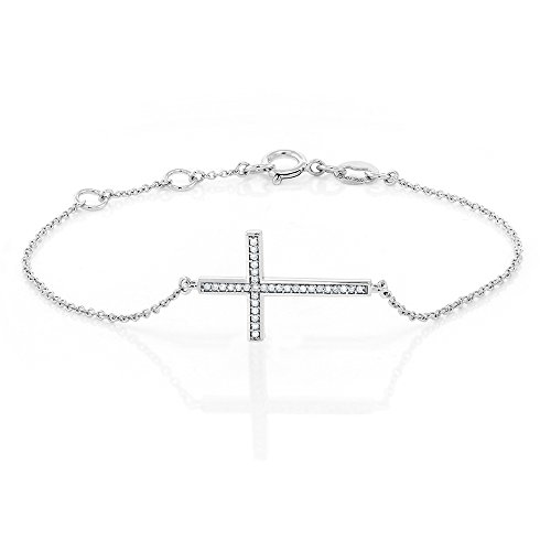 Gem Stone King Solid 10K White Gold White Diamond Cross Tennis Bracelet | 0.5 Inch | Fits 6.5 Inches | Religious Jewelry For Women