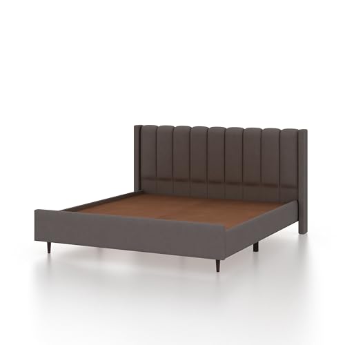Image of Ganpati Arts Solid Sheesham Wood Emperor Upholstered Queen Size Bed Without Storage | Durable Wooden Double Bed Palang Furniture for Bedroom, Living Room, Home and Hotel (Grey)