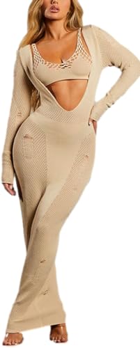 Crochet Knit Dress for Women Long Sleeve Knit Dresses 2 Piece Y2K Bodycon Bikini Dress Sexy Long Dress Party Dress