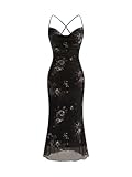 SOLY HUX Women's Floral Mesh Bodycon Cami Dress Cowl Neck Sleeveless Cocktail Party Wedding Guest Long Maxi Dresses Black Floral X-Small