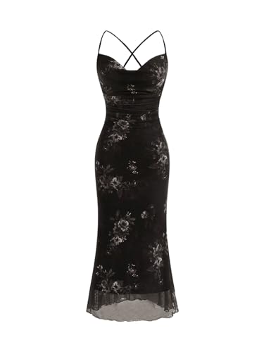 Image of SOLY HUX Women's Floral Mesh Bodycon Cami Dress Cowl Neck Sleeveless Cocktail Party Wedding Guest Long Maxi Dresses
