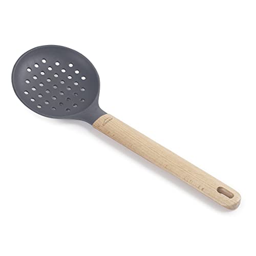 Lacor 68188 Espumadera Silicona Unite, Paleta Agujereada Profesional, Mango de Madera de Haya, No Daña la Sartén, Resistente a Altas Temperaturas, Libre de BPA, Largo: 34 cm, Ø11, Gris