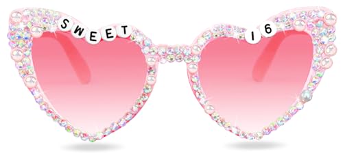 Birthday Sunglasses for Women, Pink Sweet 16 Birthday Glasses Heart Shaped 16th Outfit Decorations for Girl Party Gifts