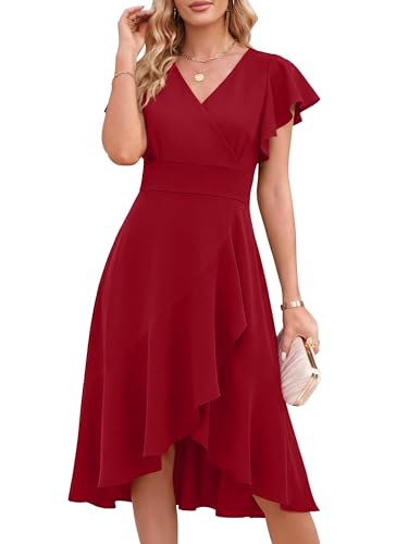 ANRABESS Womens Cocktail Dress Semi Formal Wedding Guest Wrap Midi Dresses Summer Western A Line High Low Ruffled Dress Red X-Large