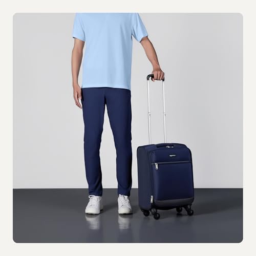Image of Amazon Basics 18 inch Medium Carry-On Softside Expandable Luggage Suitcase with Wheels, Four 360-Degree Spinner Wheels, Zippered Pockets, Telescopic Handle, Navy Blue