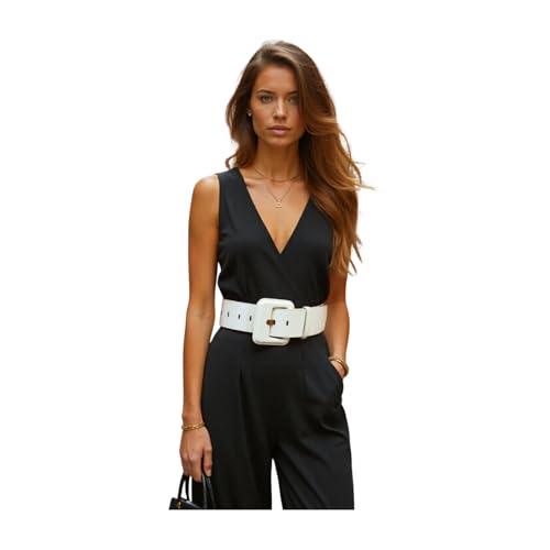 Women White Wide Fashion Belt - Hip Waist Faux Leather Band Hip Big Square Buckle Fit S M z2434