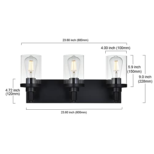 Image of Modern Vanity Lighting,3 Light Matte Black Bathroom Light, Vintage Wall Sconces Lighting with Clear Class Shade Industrial Bath Wall Mounted Lights for Mirror, Living Room, Bedroom Hallway