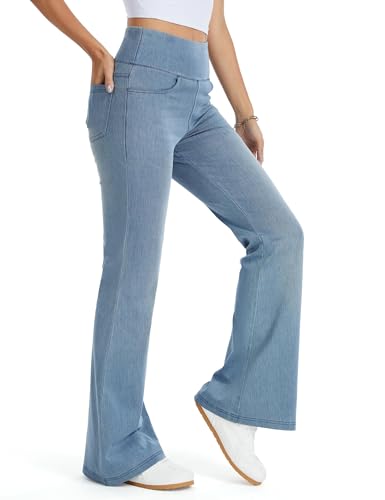 THE GYM PEOPLE Women's Wide Leg Trousers High Waisted Stretchy Tummy Control Flared Jeans Pull on Bell Bottom Jeggings with Pockets/Denim Light Blue-1/XL