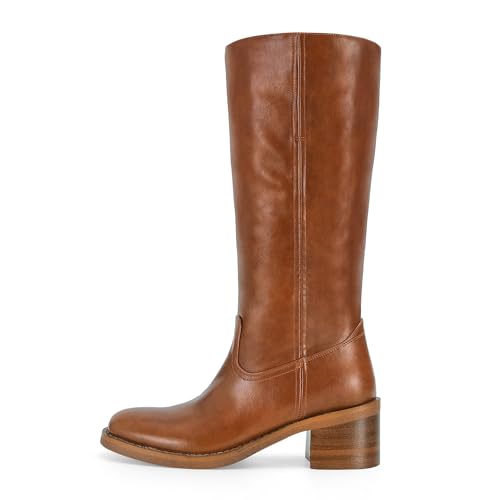 Image of DOEYG Women's Banana Knee High Boots Square Toe Chunky Block Heel Tall Boots Wide Calf Fashion Comfortable Casual Pull on Long Boots