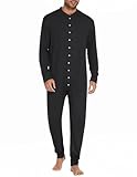 Ekouaer Men's One Piece Pajama Thermal Full Button Union Suit Long Sleeve Onesie with Button Flap Black S
