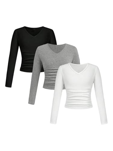 SOLY HUX 3 Pack Girl's Long Sleeve Shirts V Neck Basic T-Shirts Ruched Tops Spring Fall Layering Tees 8-12 Years