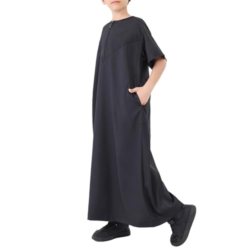 Boy's Muslim Thobe Short Sleeve Arabic Thobe Ramadan Outfit Kid Solid Color Islamic Thobe Crew Collar Prayer Clothes3
