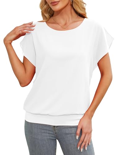 Anelune Damen Tops Sommer Locker Kurzarm Bluse Chiffon Elegante Leichte T-Shirts für Frauen Lässige Flowy Oberteile weiß XL Anelune Damen Tops Sommer Locker Kurzarm Bluse Chiffon Elegante Leichte T-Shirts für Frauen Lässige Flowy Oberteile weiß XL