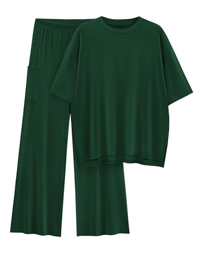 Image of KIRUNDO 2 Piece Lounge Sets for Women Airport Travel Vacation Outfits Summer Casual Loose Short Sleeve Tops & Wide Leg Pants