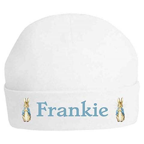 Peter Rabbit Personalised Printed 100% Double Layered Cotton Baby Hat - Printed with The Name of Your Choice (Max 13 Letters) Available in Sizes 0-3, 3-6 and 6-12 Months (0-3 Months) White Cover
