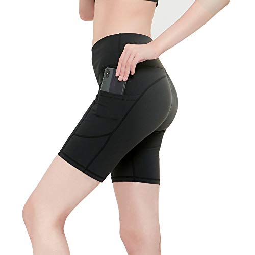 CAMBIVO Leggings Damen 1/2 Kurze Radlerhose mit Handytasche, High Waist Sporthose, Sportleggins, Fitnesshose, Jogginghose für Sport, Running (Schwarz, XS)