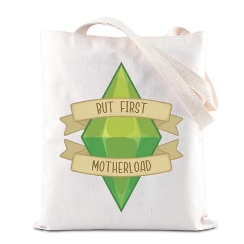 FOTAP Game Lover Gift But First Motherload Inspire Tote Bag Gamer Sims Handbag Sims Game-Plumbob Pattern Gift (MOTHERLOAD T)
