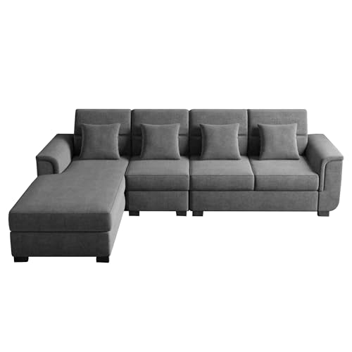 Image of Wood 6 Seater Sofa Set | Velvet Fabric Upholstery | Modern Wooden Frame Sectional Couch with Cushions for Living Room, Home & Office (Grey)