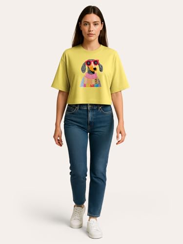 Image of HELLCAT Beige Printed Loose Fit Crew-Neck Crop T-Shirt for Women