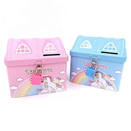 Image of Unicorn Printed Hut Shape Coin Bank Piggy Bank for Kid with Lock & Key Money Saving Storage Bank for Children Coin Collection Box for Girl Small Saving Box for Boys (L, 1, Count)