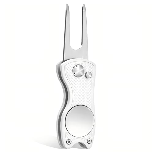 xajie Golf Divot Repair Tool - Foldable Golf Repair Kit with Sturdy Handle & Magnetic Pop-up Button Ball Marker (White)