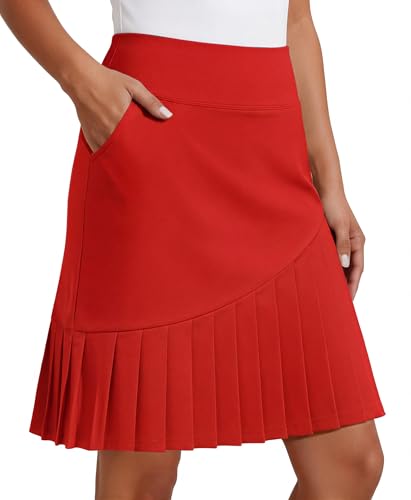 PINSPARK Golf Skirts for Women 20" Modest Knee Length Skort Pleated Tennis Skirt with Shorts High Waisted Tummy Control Skort