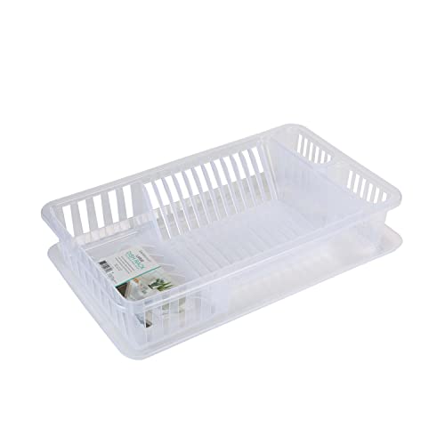 Kitchen Details Medium Dish Rack with Tray | Dimensions: 18.50" x 11.02" x 3.54" | Plastic | 12 Plate | Kitchen Accessories | Tray |Cutlery Basket | Clear | Sink Accessories | Clear by Kitchen Details - Used condition - US$12.12
