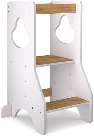 COSYLAND Lernturm ab 1 Jahr, Learning Tower | Höhenverstellbar Montessori Lernturm mit Kippschutz, 3-Fach höhenverstellbar, Weiß und Natur