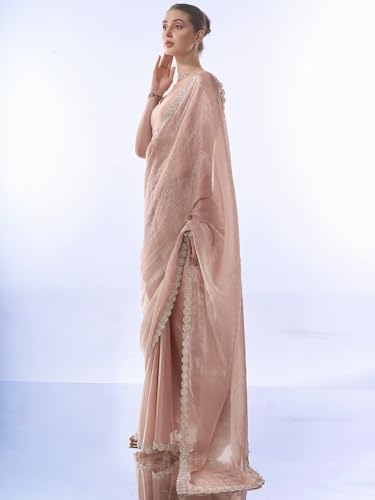 Image of ORHANS Women's Chiffon Saree with Unstitched Blouse Piece Solid Pattern and Laced Border | Lightweight Sarees for Woman | Plain Saris Daily Use | Womens Saree Modern Pattern| Stylish Saree