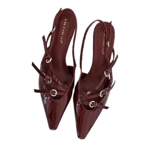 Women's Pointed Toe Kitten Heels Buckle Pumps,Sexy Slingback Adjustable Metallic Multi-Buckle Low Heel Sandals Slip On Office Party Dress Pumps Shoes