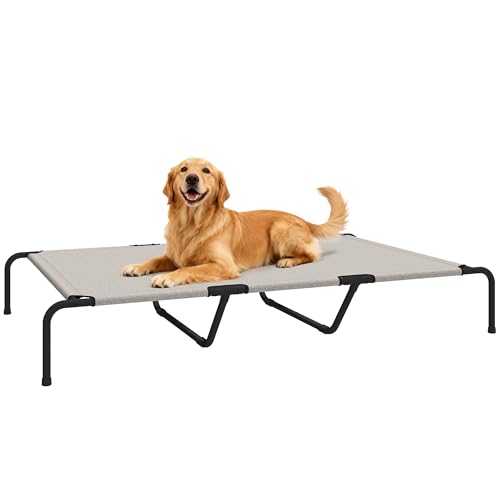 PawHut Lettino per Cani Rialzato da Esterno, Brandina per Cani di Taglia Grande Portatile con Struttura in Acciaio e Rete Traspirante, Facile da Montare Senza Attrezzi, Beige, 152x94x23 cm