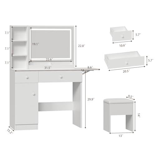 Image of Haewon White Vanity Desk with Mirror and Lights, Makeup Vanity with Charging Station and 3 Lighting Modes, Dressing Table Set with Storage Cabinet, Drawers and Chair for Girls Bedroom