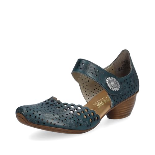 Image of Rieker 43753 Mirjam Women's Mary Jane Heels - Low-Heel Leather Shoes with Adjustable Ankle Strap & Laser-Cut Design - Comfortable Women's Heels for Casual & Dressy Wear