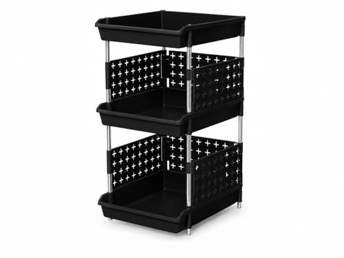 Image of KITCHIVO Multipurpose Storage Rack Organizer with Stainless Steel Pipes | Heavy Duty Plastic Shelf Stand for Kitchen, Bathroom, Laundry & Pantry (Black, 3 Layer)